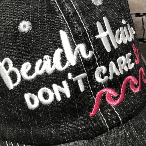 "Beach Hair Don’t Care" Embroidered/Distressed Cap - Picture 2 of 8